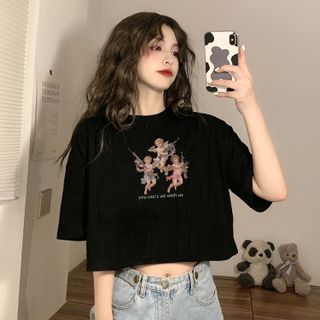 Áo croptop nữ tay ngắn cổ tròn vải thun cotton kiểu hàn quốc CR019 Miucho in hình hoạ tiết