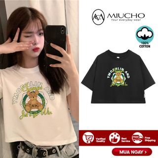 Áo croptop nữ tay ngắn cổ tròn vải thun cotton kiểu hàn quốc CR022 Miucho in hình hoạ tiết