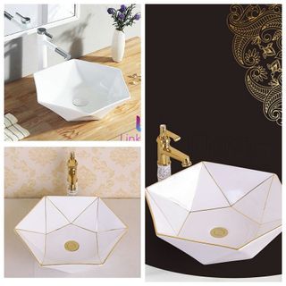 Chậu sứ lavabo đặt bàn màu trắng hoặc trắng viền vàng hình lục giác tuyệt đẹp giá sỉ