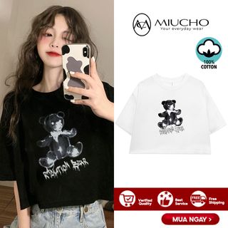 Áo croptop nữ tay ngắn cổ tròn vải thun cotton kiểu hàn quốc CR014 Miucho in hình hoạ tiết