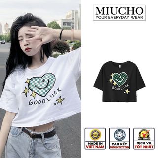 Áo croptop nữ tay ngắn cổ tròn vải thun cotton kiểu hàn quốc CR073 Miucho in hình hoạ tiết giá sỉ