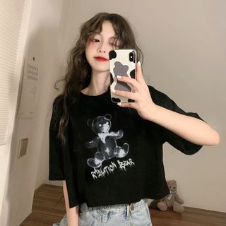 Áo croptop nữ tay ngắn cổ tròn vải thun cotton kiểu hàn quốc CR014 Miucho in hình hoạ tiết