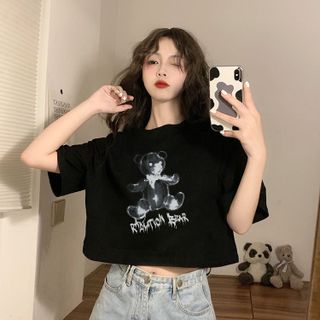 Áo croptop nữ tay ngắn cổ tròn vải thun cotton kiểu hàn quốc CR014 Miucho in hình hoạ tiết