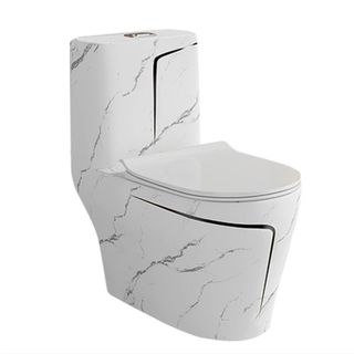 Bồn cầu 1 khối màu trắng hoa văn viền vàng sườn xám lực xả mạnh, phong cách đơn giản nhưng sang trọng