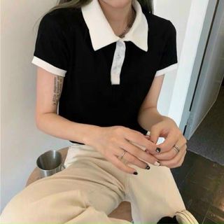 Áo polo croptop tay ngắn phối cổ sơ mi