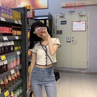 Áo croptop 5 nút phối viền quảng châu