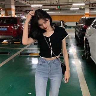 Áo croptop 5 nút phối viền quảng châu