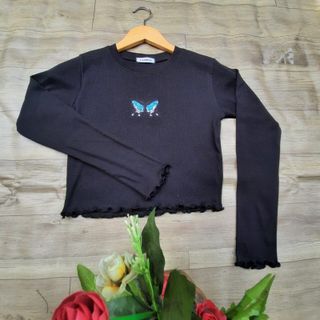 ÁO THUN CROPTOP TAY DÀI THÊU BƯỚM a2