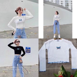 ÁO THUN CROPTOP TAY DÀI THÊU BƯỚM a2
