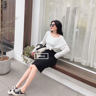 sét chân váy kèm áo lệch vai cotton