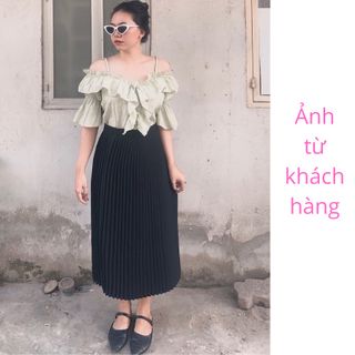 Chân váy dài xếp ly màu đen cao cấp vải cát len CVXD010