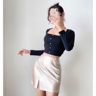 Áo croptop thun gân tay dài cổ vuông đính Ngọc A3