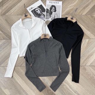 Áo thun croptop cổ cao thun gân dây khoá giọt lệ