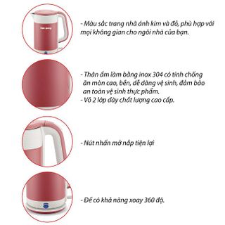 Ấm đun nước cao cấp Điện Quang EKT10 ( 1800W, 1.8L, inox 304, vỏ 2 lớp, có chức năng giữ ấm, màu đỏ mận )
