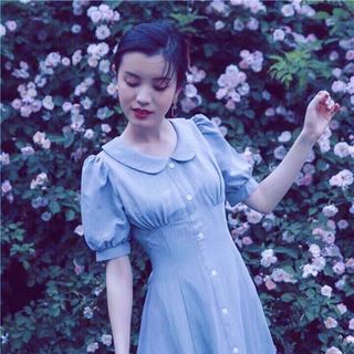 Đầm blue form dài cổ sen v2 (kèm hình thật)