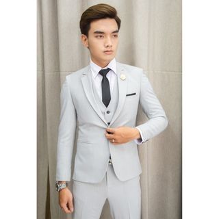 Bộ vest nam + áo gile + áo sơ mi ôm body màu xám ghi giá sỉ