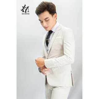 Bộ vest nam và gile sơ mi ôm body màu kem giá sỉ