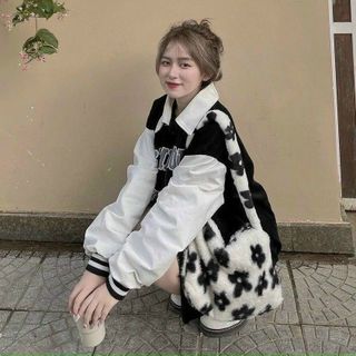 Áo khoác nhung 2 lớp kiểu bomber logo thêu symbolic