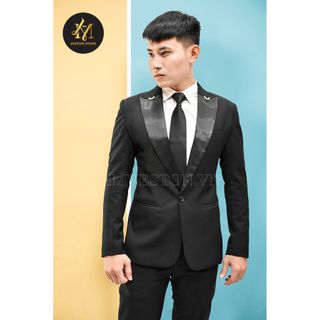 Bộ vest nam màu đen phối ve phi đen cá tính kèm cà vạt nơ