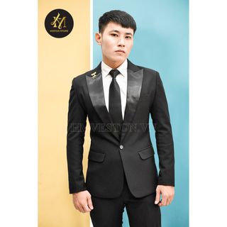 Bộ vest nam màu đen phối ve phi đen cá tính kèm cà vạt nơ