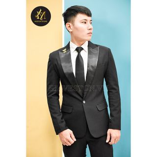 Bộ vest nam màu đen phối ve phi đen cá tính kèm cà vạt nơ