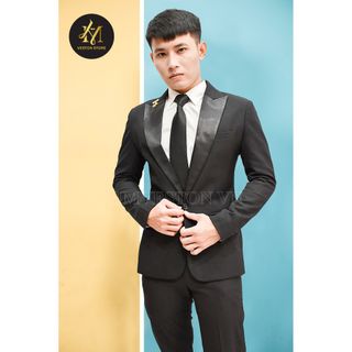 Bộ vest nam màu đen phối ve phi đen cá tính kèm cà vạt nơ