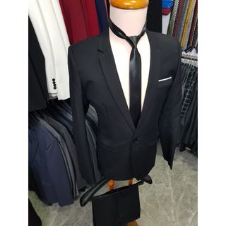 Bộ vest nam full size màu đen chất liệu vải poly mềm mỏng (áo vest+quần+cà vạt+nơ)