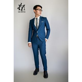 Bộ vest nam màu xanh cổ vịt tặng cà vạt nơ
