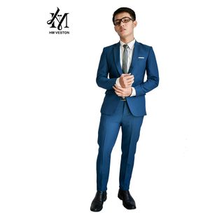 Bộ vest nam màu xanh cổ vịt tặng cà vạt nơ
