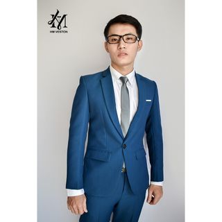 Bộ vest nam màu xanh cổ vịt tặng cà vạt nơ
