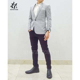 Áo vest nam 1 nút ôm body màu xám sọc caro
