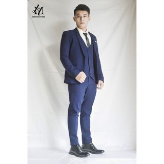 Combo bộ vest nam màu xanh đen + áo gile + áo sơ mi + phụ kiện
