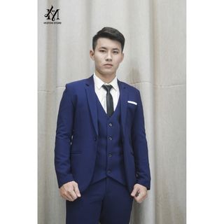 Combo bộ vest nam màu xanh đen + áo gile + áo sơ mi + phụ kiện