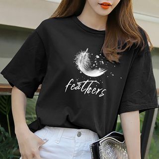 Áo thun áo phông nữ cổ tròn in hình lông vũ cách điệu thun cotton siêu đẹp