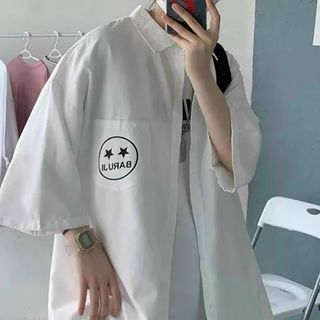 Áo khoác kaki sơ mi kiểu tay lỡ in mặt cười.