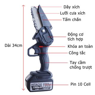 Máy Cưa Xích Pin HITACHI 199V Kèm 2 Pin Khủng 10 Cell, chuyên dùng để cưa gỗ, cưa cây, Máy Cưa Xích Cầm Tay Dùng Pin HITACHI, thuận tiện - đa dụng
