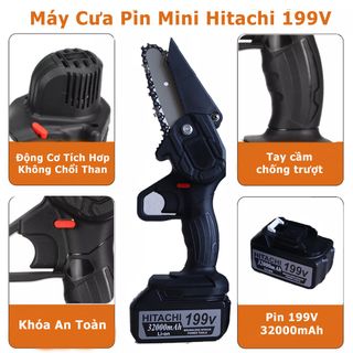 Máy Cưa Xích Pin HITACHI 199V Kèm 2 Pin Khủng 10 Cell, chuyên dùng để cưa gỗ, cưa cây, Máy Cưa Xích Cầm Tay Dùng Pin HITACHI, thuận tiện - đa dụng