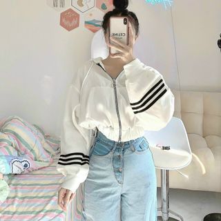 Áo khoác lửng chạy sọc tay có nón đep, form 65kg chất thun nỉ mềm mịn