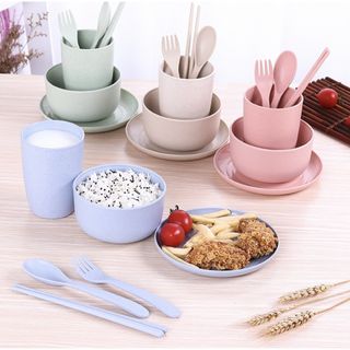 Bộ Chén Bát Đĩa Dĩa Bát Tô Ăn Dặm Dậm Cho Bé Lúa Mạch Màu Pastel Chống Dính Nóng Cách Nhiệt Tốt