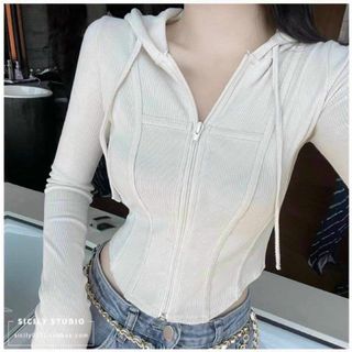 Áo Khoác Thun Gân Dáng Ôm Body Có Khóa Kéo Và Mũ