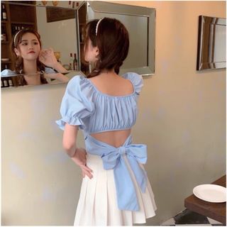 Áo Croptop Kiểu Nữ Voan Tay Ngắn Cột Nơ Lưng Siêu Xinh