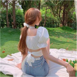 Áo Croptop Kiểu Nữ Voan Tay Ngắn Cột Nơ Lưng Siêu Xinh