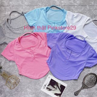 Áo Croptop Body Tay Ngắn Vạt Bầu Cổ Chữ U Khuy Cài Phối Cổ Yếm Thơ Ngây