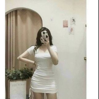 VÁY ĐẦM BODY RÚT 2 BÊN TAY NGẮN CỔ VUÔNG SIÊU TÔN DÁNG