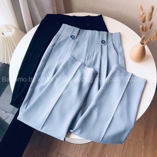 Quần baggy cạp liền lưng cao phối 2 khuy màu đen xanh