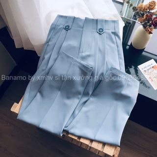 Quần baggy cạp liền lưng cao phối 2 khuy màu đen xanh