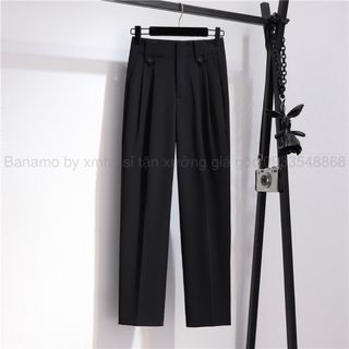 Quần baggy cạp liền lưng cao phối 2 khuy màu đen xanh