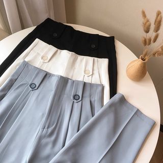 Quần baggy cạp liền lưng cao phối 2 khuy màu đen xanh