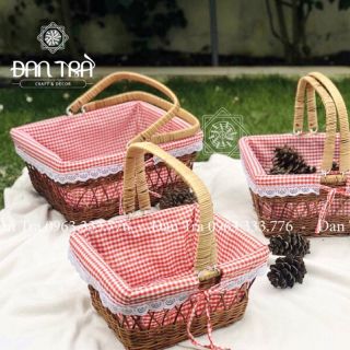 (CAM KẾT GIÁ TỐT NHẤT) Giỏ Mây Picnic Có Quai Xách Lót Vải Đỏ - Đan Trà giá sỉ