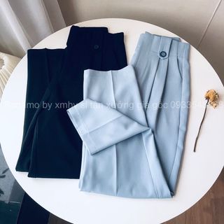 Quần baggy cạp liền lưng cao phối 2 khuy màu đen xanh